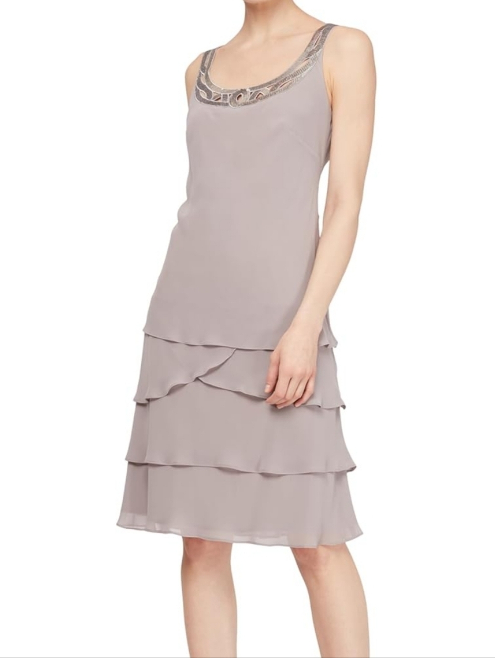 Sleeveless Tiered Midi Dress with Beaded Scoop Neck in Taupe